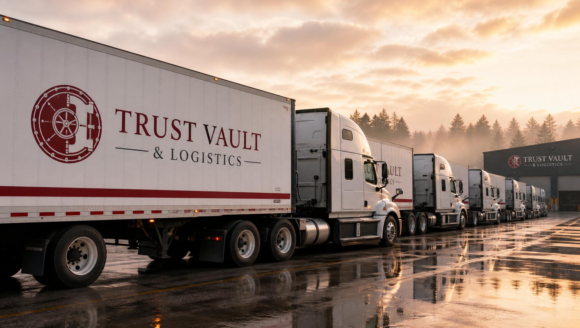 Fleet of white freight trucks lined up at a logistics terminal at dawn